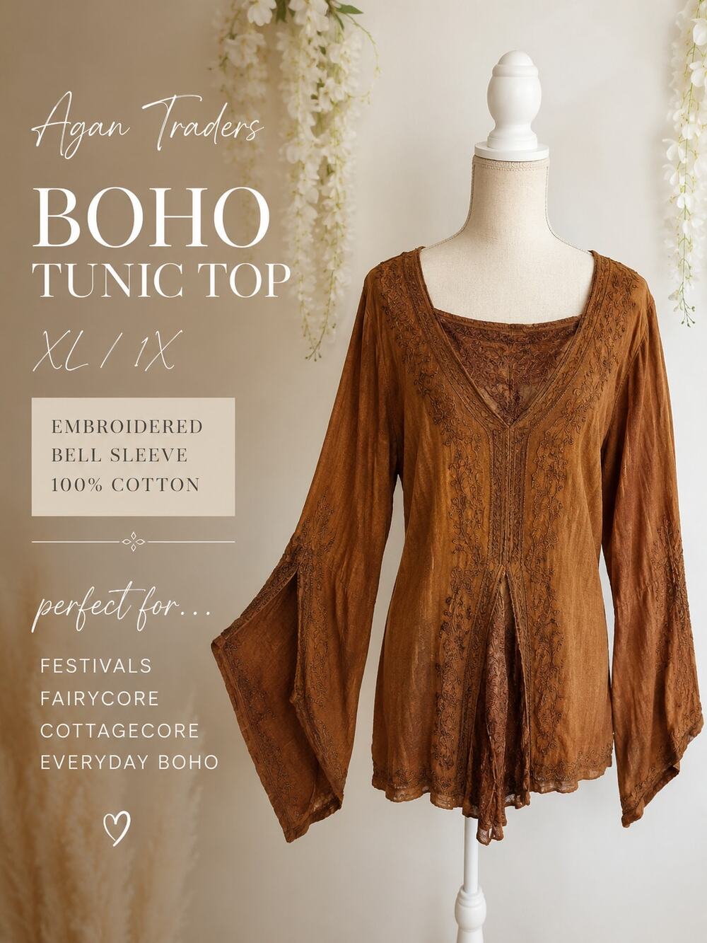 Agan Traders Tunic Top XL Embroidered Bell Sleeve Boho Fairy Grunge Renaissance